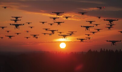 Fototapeta premium Military drones flying into battle at sunset