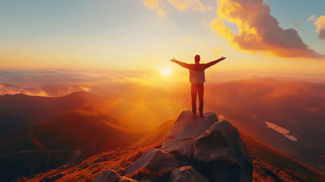 A man stands on a mountaintop at sunrise, arms outstretched, embracing the new day, a symbol of peace and hope set against a breathtaking landscape