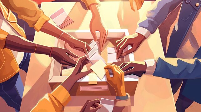 Office referendum or poll concept illustration. People throwing pieces of paper into a cardboard box, in tones of blue, brown and orange.