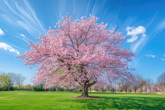 A large pink tree standing in a grassy field. Ideal for nature-themed designs
