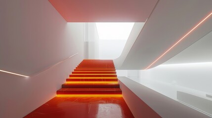 Minimalist design with softly lit staircase and clean lines. Elegant modern interior with orange accent lighting on stairs.