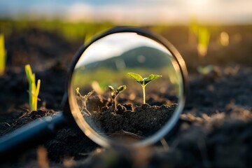 Seedlings and soil under the magnifying glass, agriculture concept illustration.