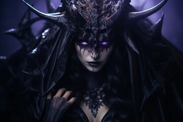 girl devil in the hood with horns, long white hair, and large black wings, with bleeding purple eyes, armor dressed, and angry expressions on her face, character fantasy, the devil women - obrazy, fototapety, plakaty
