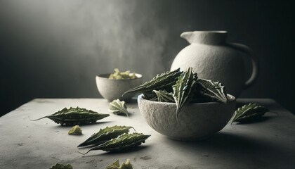 Earthenware Bowl of Dried Bitter Gourd for Herbal Tea Preparation - obrazy, fototapety, plakaty