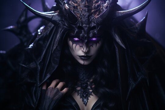 girl devil in the hood with horns, long white hair, and large black wings, with bleeding purple eyes, armor dressed, and angry expressions on her face, character fantasy, the devil women