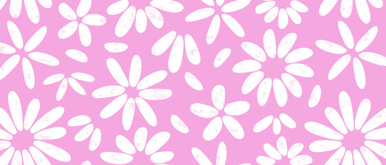 Cute flower seamless pattern, spring floral background, groovy chamomile print, cartoon summer daisy pastel pink textile grunge texture. Abstract naive vector illustration
