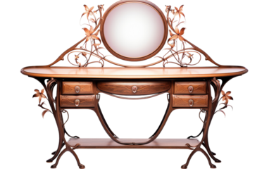 A wooden desk with a mirror resting on top, reflecting the surrounding room