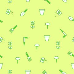 Seamless pattern. Spring gardening tools for planting.