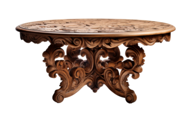 Intricately carved wooden table with nature-inspired designs, showcasing skillful craftsmanship