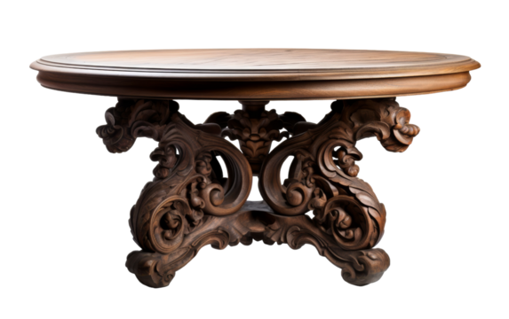 Wooden table adorned with intricate carvings of mystical creatures and twisting vines