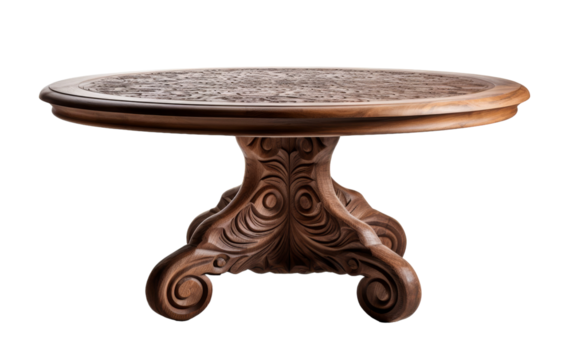 Intricate carvings of mystical creatures and delicate foliage designs decorate a wooden table