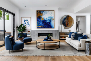 A contemporary Australian living room with light wooden floors, white walls and one large abstract blue painting on the wall above an elegant fireplace. A modern coffee table.