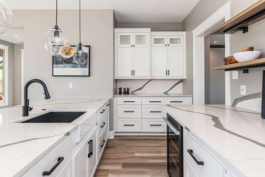 Modern farmhouse kitchen with white cabinets, quartz countertop, and black sink on one side of the island, stainless steel appliances, neutral color palette, and natural light.