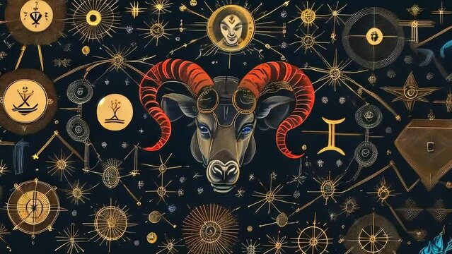 Black ram head with red spiral horns on a dark celestial background
