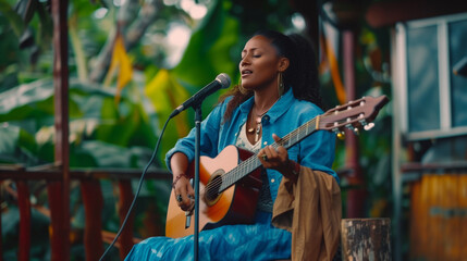 beautiful performer woman playing acustic guitar