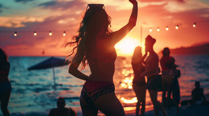 full body shot photography of a beautiful woman dancing at the beach at a DJ party on Ibiza