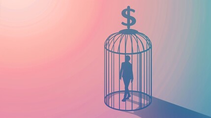 Student loans, debt, exploitation and wage slavery concept illustration. A person is trapped in a cage with a dollar sign on the top, pink background.
