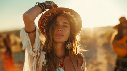 woman wear a sunhat and hippie boho stile outfit  © Erzsbet