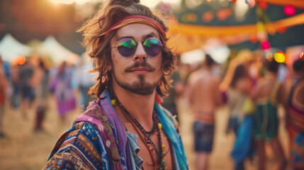 hippie style young man at a music festival - obrazy, fototapety, plakaty