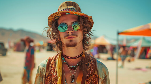 hippie style young man at a music festival