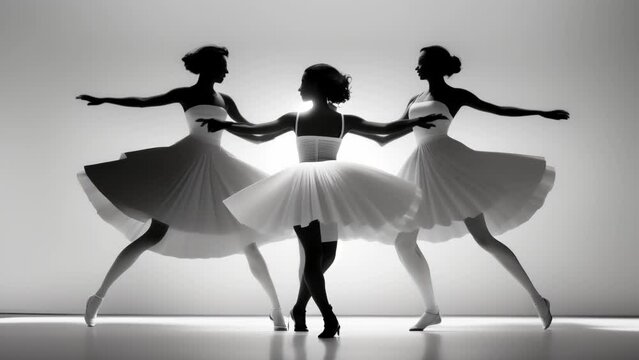 Three graceful ballerinas in white tutus are dancing on a white background.