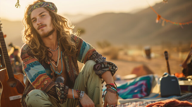 hippie style young man at a music festival