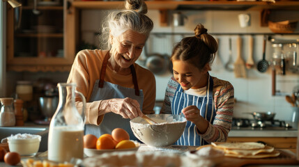 grandmother and child baking cookies