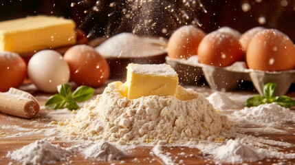 ingredients for baking butter cube midle of fluor nest and eggs arround - obrazy, fototapety, plakaty