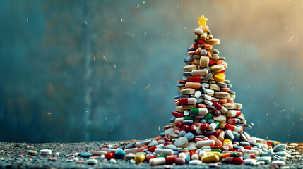 christmas time with pills medicines and vitamin capsulas  in christmas pine tree shape