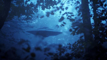 Foto op Plexiglas UFO between the trees in the forest twiglight time © Erzsbet