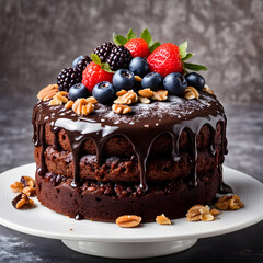 Realistic chocolate cake with berries with walnuts with glaze on a spotless white background,...