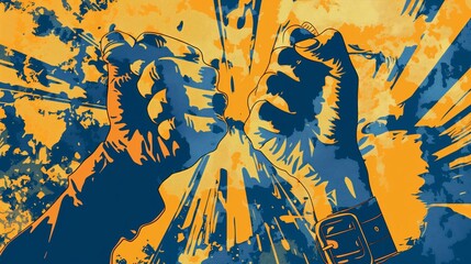 Illustration of the protest or violence concept, clenched fists in tones of blue and amber