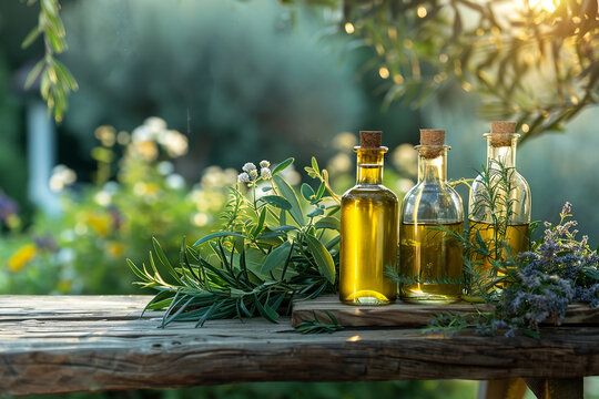 Oil for skin care, massage from natural ingredients, herbs, mint in glass jars and test tubes on a background in the garden on the nature, natural cosmetics