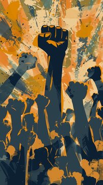 Protest and violonce concept, crowd of people raising their fists 