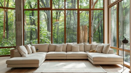 Obraz na płótnie Canvas Luxurious beige corner sofa in a spacious modern living room with large windows and forest view