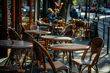 A group of outdoor tables and chairs are empty - obrazy, fototapety, plakaty