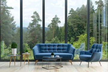 Elegant blue sofa and chair in a modern living room with panoramic forest view