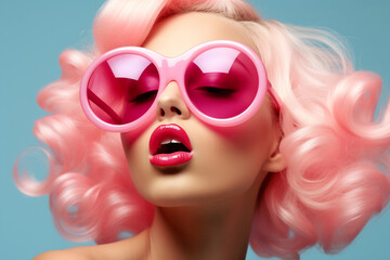 Vibrant pop art inspired female model with bubblegum balloon hair and oversized pink sunglasses.