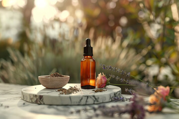 Oil for skin care, massage from natural ingredients, herbs, mint in glass jars and test tubes on a background in the garden on the nature, natural cosmetics
