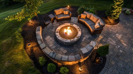 A backyard fire pit with surrounding seating for evening gatherings - obrazy, fototapety, plakaty