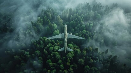 Airplane flying over dense forest symbolizes the need for stricter environmental regulations. - obrazy, fototapety, plakaty