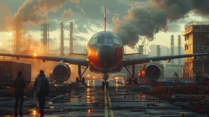 Airplane on runway, factory smoke in background: Enact stricter environmental regulations. - obrazy, fototapety, plakaty