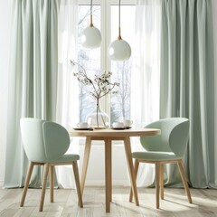 Elegant mint chairs at a round wooden table in a bright dining room