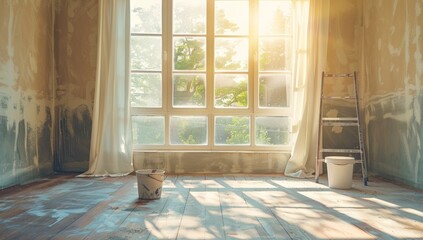 Empty room with sun in a window