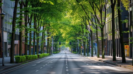 A city street lined with newly planted trees - obrazy, fototapety, plakaty