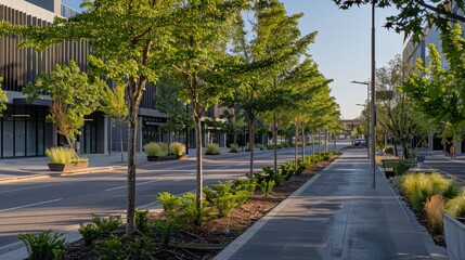 Naklejka premium A city street lined with newly planted trees