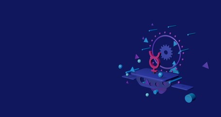Pink astrological mercury symbol on a pedestal of abstract geometric shapes floating in the air. Abstract concept art with flying shapes on the right. 3d illustration on indigo background