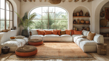 A boho-chic living room with a mix of global influences, showcasing Moroccan poufs, Indian block-printed textiles, and African mud cloth pillows, combined with natural materials li - obrazy, fototapety, plakaty