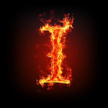 Letter I made of fire flames with sparks isolated on black background