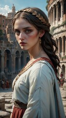 Beautiful young woman of roman descent wearing traditional white dress stands near Colosseum